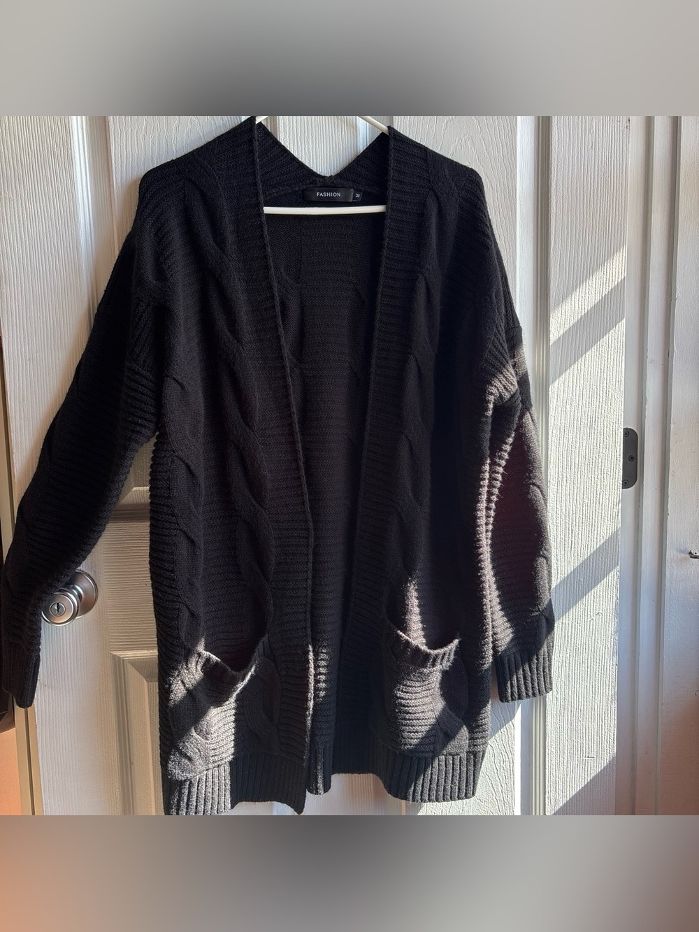 Fashion Women’s Black Cable-Knit Open Front Cardigan Sweater- M